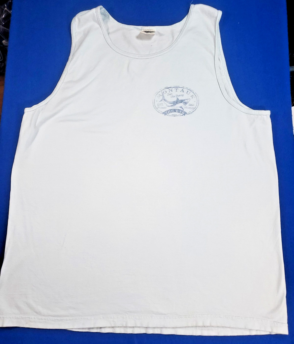 Vtg Comfort Colors Montauk New York Tommy's Tank Top XL White Cotton Shark Fish